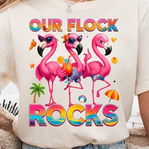 Our Flock Rocks Flamingo T-Shirt: Tropical Beach Vibes