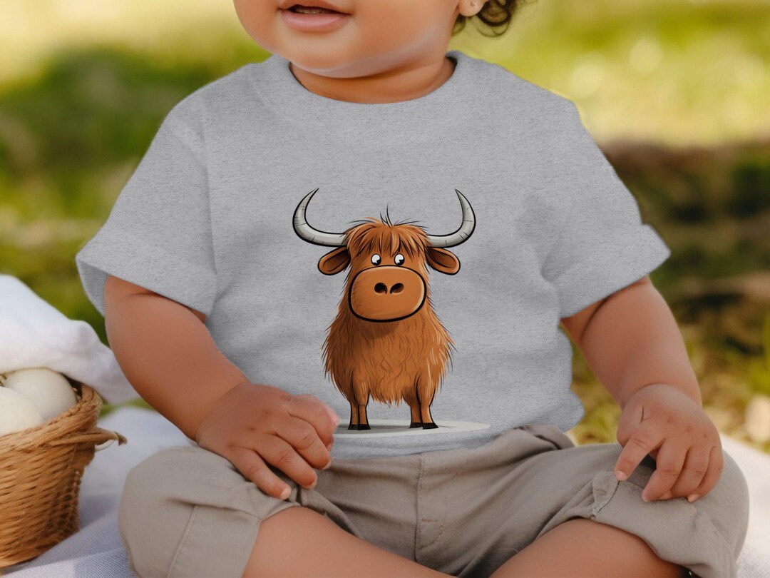 Cartoon Highland Cow Kids Shirt, Kids Funny Farm Animal Shirt, Cute ...