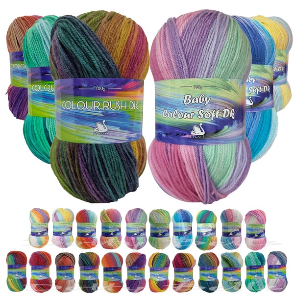 Fil Cygnet - Color Rush & Baby Soft DK - Pelote de 100 g - Laine acrylique multicolore à rayures pour travaux créatifs au crochet colorés