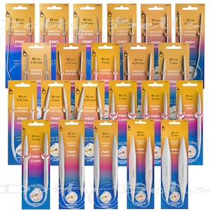 May include: A set of 20 Pony Classic knitting needles in various sizes, ranging from 2 mm to 25 mm. The needles are 80 cm long and are packaged individually on yellow and white cards. The needles are made of smooth, durable metal and have a patented joint.
