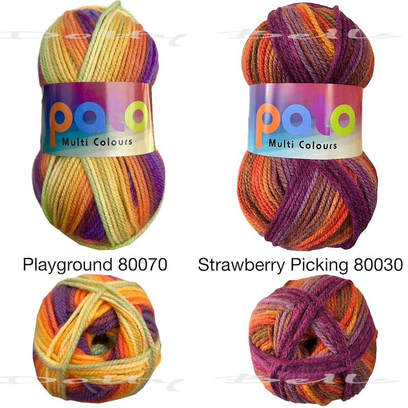 May include: Two balls of yarn in multi-colored stripes. The yarn on the left is yellow, orange, green, and purple. The yarn on the right is red, orange, brown, and purple. The yarn is labeled "Pako Multi Colours". The yarn on the left is labeled "Playground 80070". The yarn on the right is labeled "Strawberry Picking 80030".