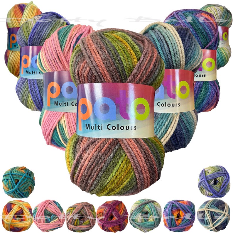 May include: Multi-colored yarn balls with the brand name "PATO" and the text "Multi Colours".
