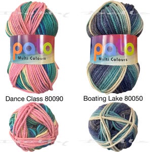 May include: Two balls of yarn in multi-colored patterns. The yarn on the left is pink, yellow, green, and blue. The yarn on the right is blue, green, white, and cream. Both balls of yarn have a label that says "pato Multi Colours". The yarn on the left is labeled "Dance Class 80090" and the yarn on the right is labeled "Boating Lake 80050".