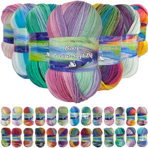 May include: A collection of 24 skeins of Baby Colour Soft DK yarn in various color combinations. Each skein is 100 grams and features a multi-colored striped pattern.