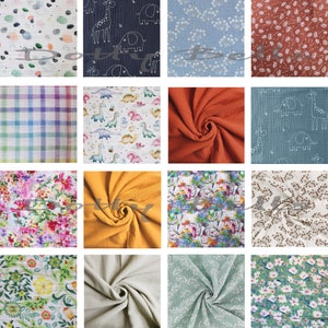 Pode incluir: Uma colagem de 12 amostras de tecido diferentes com v&aacute;rios padr&otilde;es e cores. As amostras incluem um padr&atilde;o de bolinhas azul e branco, um padr&atilde;o xadrez azul e branco, um padr&atilde;o floral, um tecido laranja liso, um tecido amarelo liso, um tecido verde claro liso, um tecido cinza claro liso, um tecido com um padr&atilde;o de elefante e girafa branco, um tecido com um padr&atilde;o de dinossauro branco, um tecido com um padr&atilde;o floral branco, um tecido com um padr&atilde;o de bolinhas branco e um tecido com um padr&atilde;o floral branco.