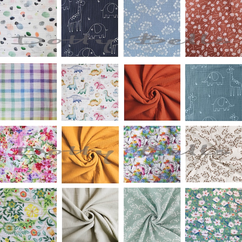 Pode incluir: Uma colagem de 12 amostras de tecido diferentes com v&aacute;rios padr&otilde;es e cores. As amostras incluem um padr&atilde;o de bolinhas azul e branco, um padr&atilde;o xadrez azul e branco, um padr&atilde;o floral, um tecido laranja liso, um tecido amarelo liso, um tecido verde claro liso, um tecido cinza claro liso, um tecido com um padr&atilde;o de elefante e girafa branco, um tecido com um padr&atilde;o de dinossauro branco, um tecido com um padr&atilde;o floral branco, um tecido com um padr&atilde;o de bolinhas branco e um tecido com um padr&atilde;o floral branco.