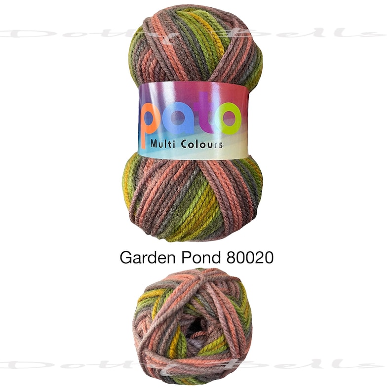May include: A ball of multi-colored yarn in shades of green, brown, and pink. The yarn is labeled "Palo Multi Colours" and "Garden Pond 80020".