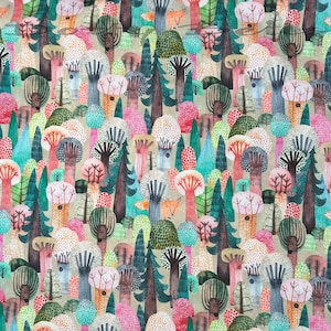 May include: A whimsical forest pattern featuring a variety of trees in shades of green, brown, pink, and blue. The design includes stylized trees with textured details and small foxes, creating a playful and colorful woodland scene.