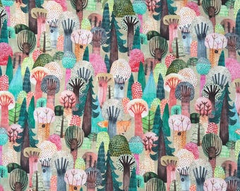 Pode incluir: Um padrão de floresta caprichoso com uma variedade de árvores em tons de verde, castanho, rosa e azul. O design inclui árvores estilizadas com detalhes texturizados e pequenas raposas, criando uma cena de floresta lúdica e colorida.