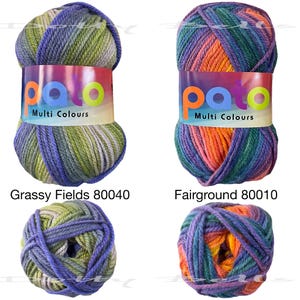 May include: Two balls of yarn in different color combinations. The yarn is multi-colored and has a striped pattern. The yarn is labeled "Pato Multi Colours". The yarn on the left is labeled "Grassy Fields 80040" and the yarn on the right is labeled "Fairground 80010".
