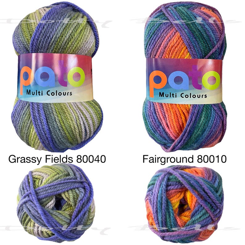 May include: Two balls of yarn in different color combinations. The yarn is multi-colored and has a striped pattern. The yarn is labeled "Pato Multi Colours". The yarn on the left is labeled "Grassy Fields 80040" and the yarn on the right is labeled "Fairground 80010".