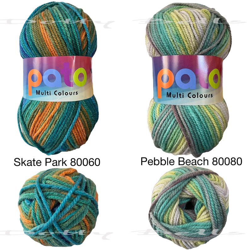 May include: Two balls of yarn in different color combinations. The yarn is multi-colored and has a striped pattern. The yarn is labeled "Multi Colours" and the names of the colors are "Skate Park 80060" and "Pebble Beach 80080".