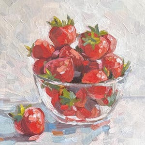 Fraise peinture à l'huile sur panneau | Nature morte aux fruits rouges dans un bol en verre | Petit-déjeuner avec des fraises, cadeau d'art mural de cuisine