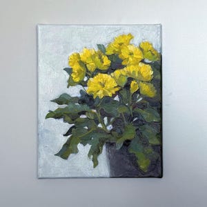 Potted Yellow Chrysanthemums Oil Painting – Original Floral Art on Canvas Board – Rustic Botanical Wall Decor for Kitchen or Cozy Interior