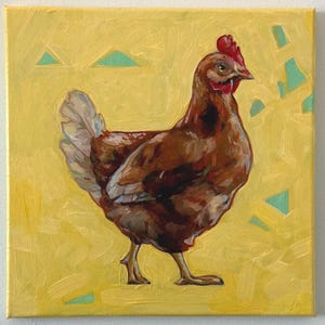 Hen Oil Painting on Canvas – Rustic Farmhouse Wall Art for Kitchen or Dining Room – Red Chicken Art for Country Home or Animal Lovers Decor