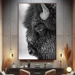 American Buffalo in Snow Original Canvas Art, Bison Canvas Wall Art, Buffalo Framed Canvas Wall Art, Dark Nature Decor, Dark Academia Art