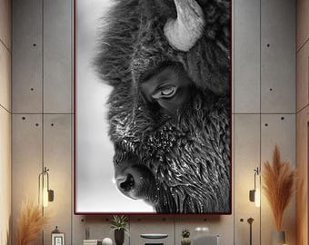 Arte su tela originale raffigurante un bufalo americano nella neve, arte murale su tela raffigurante un bisonte, arte murale su tela incorniciata raffigurante un bufalo, decorazioni con natura scura, arte accademica scura