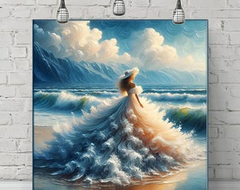 Canvaskunst oceaangolfjurk, etherische vrouw zeegezicht, dromerige kustmuurdecoratie