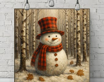 Leinwanddruck Schneemann im Winterwald: Weihnachtsbild für die Weihnachtsdekoration