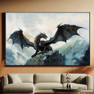 Majestätischer Drache Leinwanddruck, Dark Academia Poster, Mythische Kreatur Wandkunst, Verzauberte Wanddekoration, Fantasy Wohndekor, Drache Kunstwerk