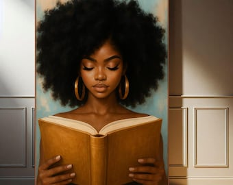 Pôster de mulher negra lendo livro, arte de parede em tela, impressão de arte de parede literária, pôster de garota negra, arte de parede afrocentrada, decoração de parede de mulher africana
