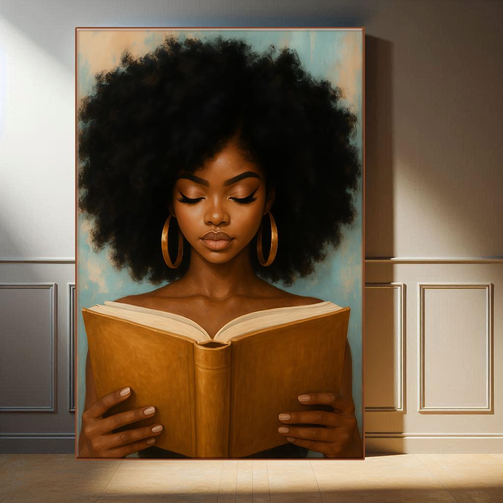 Black Woman Reading Book Poster Canvas Wall Art, Bookish Wall Art Print, Black Girl Poster, Afrocentric Wall Art, African Woman Wall Decor