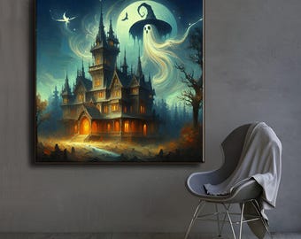 Haunted Mansion Canvas Print: Ghost House Wall Art, Gothic Halloween Decor