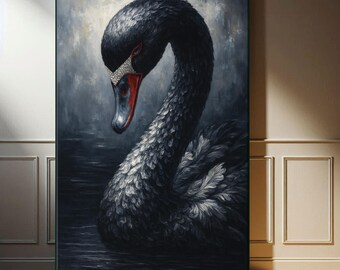 May include: A framed painting of a black swan with a red beak and a jeweled crown. The swan is depicted in a dark, moody style, with a focus on texture and detail. The background is a blend of gray and blue tones.