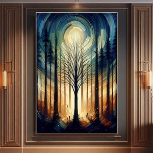 Pine Forest Silhouette Canvas Wall Art,Moonlit Pine Tree Forest Canvas,Magical Mysterious Trees Decor, Rustic Mountain Art,Nature Lover Gift