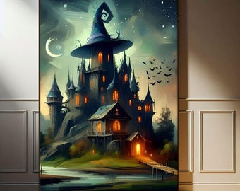 Magic Castle Art Print, Halloween Cottagecore Decor Dark Academia, Book Nook, Wizard School Painting Art, Gift for Book Lovers, Witchy Gift
