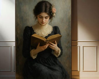 May include: A framed portrait of a woman reading a book. She wears a dark dress with a white lace collar and a pink flower in her hair. The book is open, with aged, yellowed pages. The background is a muted, textured gray.