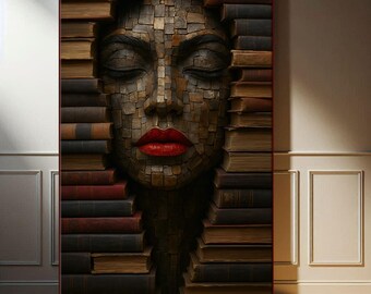 Puede incluir: Una obra de arte enmarcada que presenta el rostro de una mujer construido con pequeños bloques texturizados, con los ojos cerrados y labios rojos brillantes. El rostro está enmarcado por pilas de libros antiguos, creando una composición artística única.