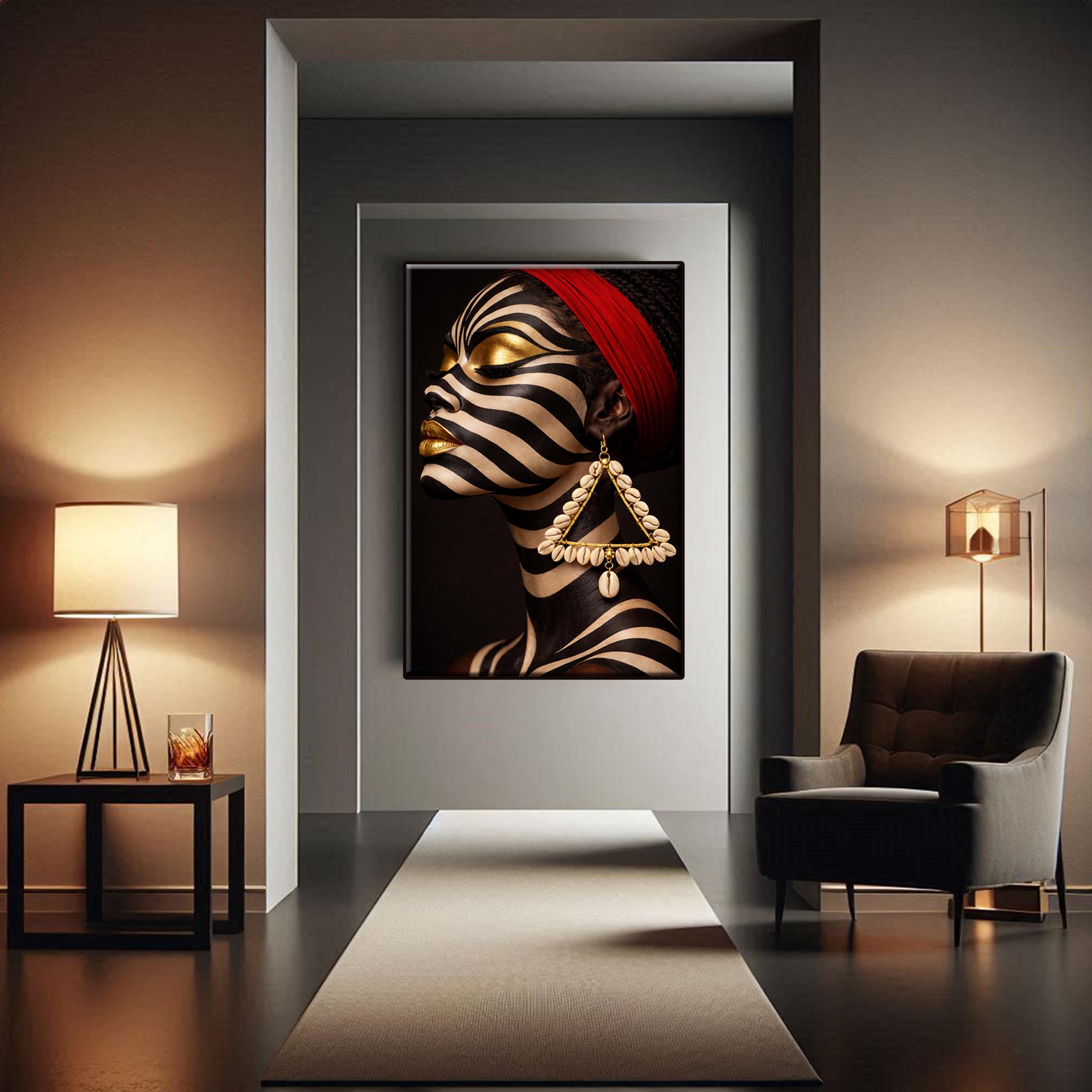 Luxury Zebra Face Wall Art, Black Woman Gold Portrait Canvas, Afro