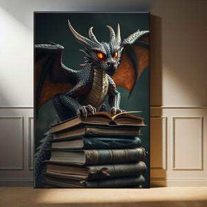 Magiczna sztuka ścienna z książką o smoku, wydruk dla miłośników książek fantasy, wystrój Dark Academia, antyczny obraz smoka, sztuka ścienna z biblioteki, płótno z mityczną książką
