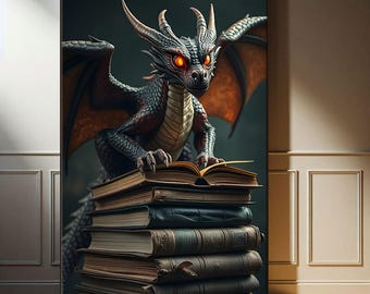 Magical Dragon Book Wall Art, Fantasy Book Lover Print, Dark Academia Decor, Antique Dragon Painting, Library Wall Art, Mythical Book Canvas