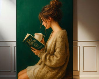 Lienzo decorativo de rincón de lectura fantástico: Arte de pared de una niña leyendo para la decoración de la biblioteca.