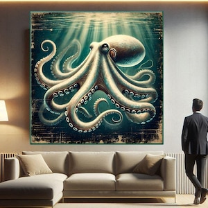 Luxury Octopus Art, Silver Octopus Canvas, Octopus Wall Decor,Trendy Ocean Canvas, Life in the Deep Ocean Canvas Wall Art,Vintage Animal Art