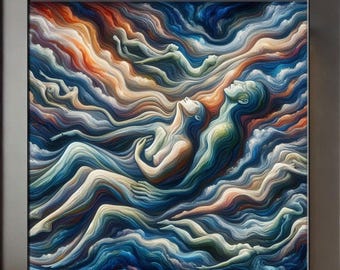 Può includere: Stampa artistica astratta con figure intrecciate in onde colorate e vorticose. L'opera utilizza una tavolozza di blu, arancioni e verdi, creando un senso di movimento ed emozione. Le figure sono in posizione reclinata.