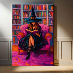 Hexe in Bibliothek Wandkunst, Buchliebhaber Leinwanddruck für Halloween Dekoration Bücherwurm Geschenke