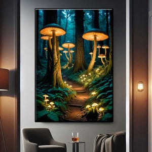 Magical Mushroom Forest Wall Art, Enchanted Forest Whimsical Woodland Canvas Wall Art, Nature Art Print, Mystical Canvas Print, Unique Gifts