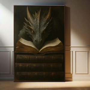 Fantasy Dragon Book Art, Fantasy Book Lover Wall Art, Dark Academia Decor, Dragon Reading Wall Art, Antique oil painting, Book Lover Gift