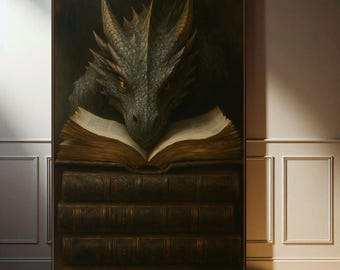 Fantasy Dragon Book Art, Fantasy Book Lover Wall Art, Dark Academia Decor, Dragon Reading Wall Art, Antique oil Painting, Book Lover Gift