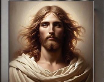 Op de afbeelding: Een ingelijst portret van een man met lang, golvend bruin haar en een baard. Hij draagt een witte jurk en heeft een halo om zijn hoofd. Het portret staat tegen een zachte, warme achtergrond.