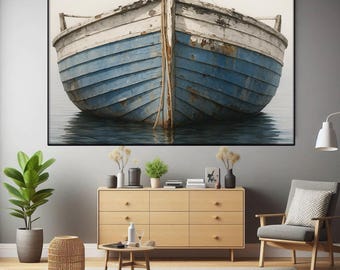 Lienzo de barco de madera azul, decoración playera, decoración de casa de lago, arte náutico, regalo de inauguración, decoración de playa, arte de pared de lago