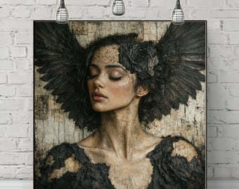 May include: A framed artwork featuring a woman with closed eyes, adorned with dark wings and a floral headpiece. The portrait has a textured, aged appearance with a muted color palette, creating a dramatic and artistic aesthetic. The woman is wearing a black dress.