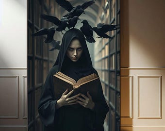 Dark Witchcore Bookish Wall Art, Dark Academia Halloween Decor, Gothic Library Print, Crow Witch Painting, Moody Reading Nook Art,Book lover