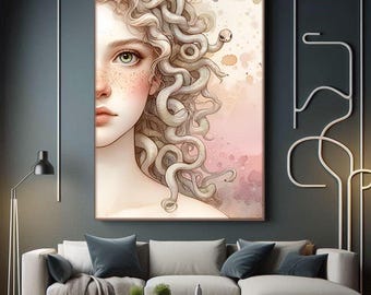 Griechische Mythologie Statue Medusa Göttin Leinwand Wandkunst, Antike Skulptur Wandkunst, Schlangenkopf Frau, Fantasy Wandkunst, Göttlich Weiblich