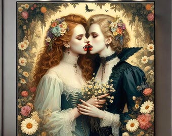 Arte lésbico de fantasía, decoración cottagecore oscura, arte mural gótico de vampiros, arte queer LGBTQ, decoración de pared para chicas, póster sáfico, regalos lésbicos
