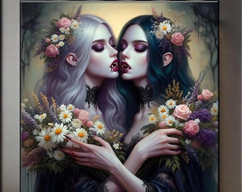 Lesbian art, Halloween Cottagecore Decor Dark Academia, Gothic Vampire Wall Art, LGBTQ Queer Art, Girls Wall Decor, Witch Art, Lesbian Gifts