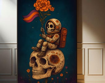 Canvastavla med mexikansk sockerskalle: Dia de Los Muertos-väggkonst | Gotisk mexikansk dekor | Väggkonst med astronaut i blommor